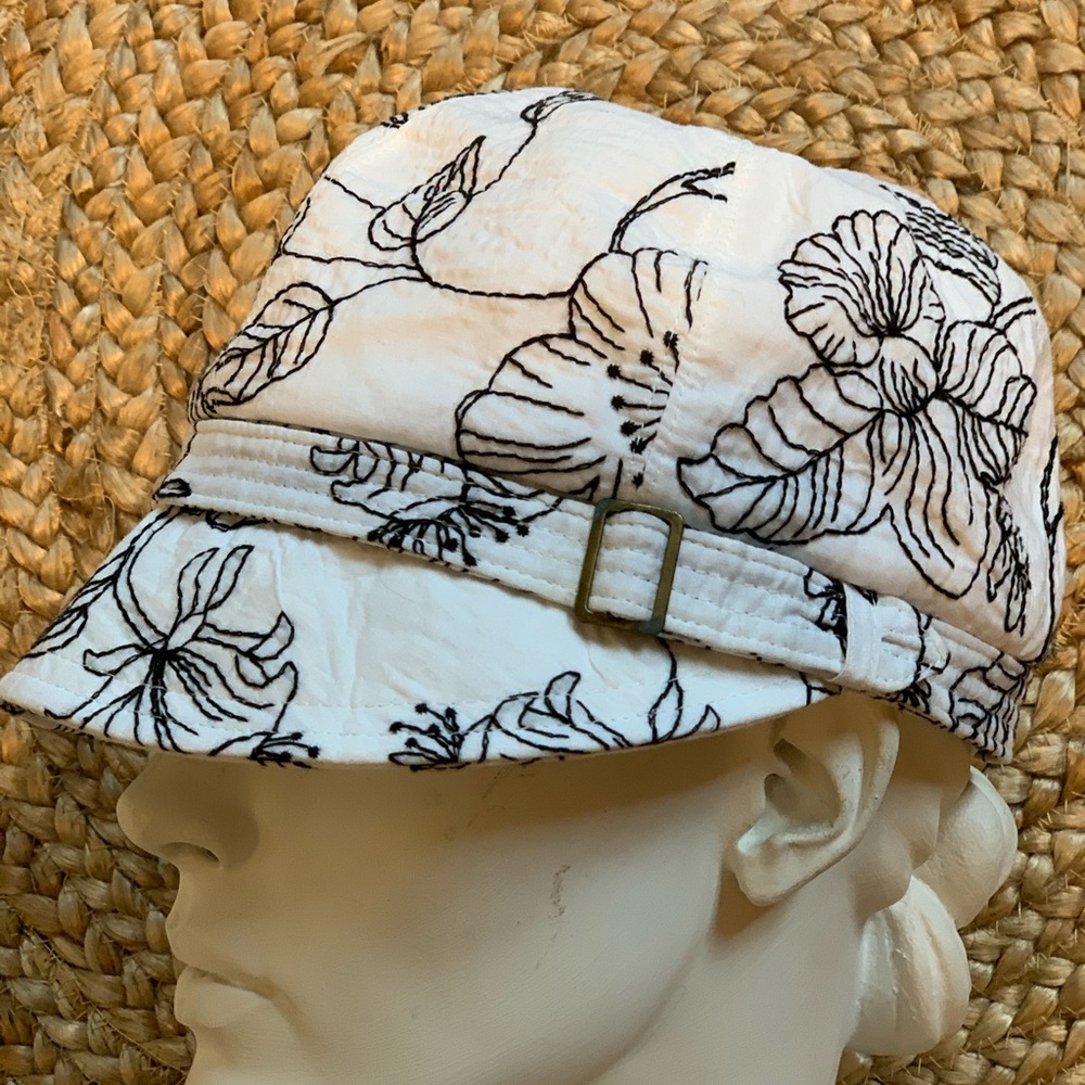 Vintage White Cadet Cap Black Floral Embroidery